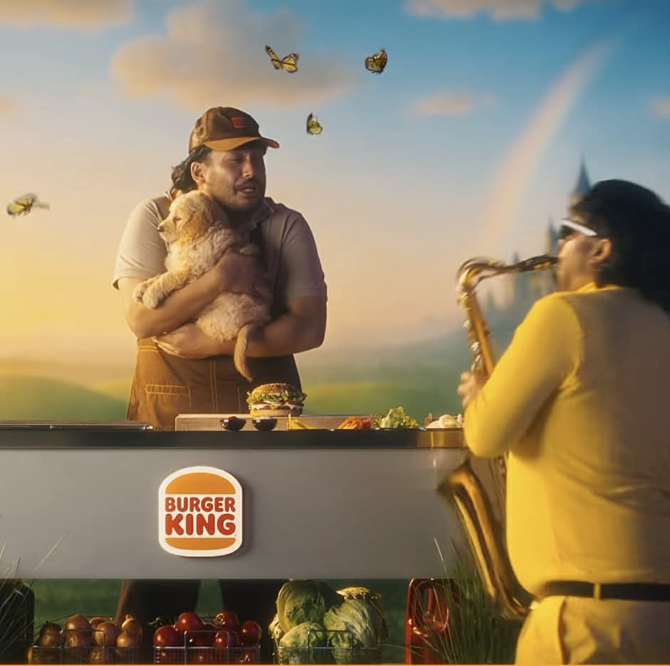 A playful Burger King scene featuring a puppy