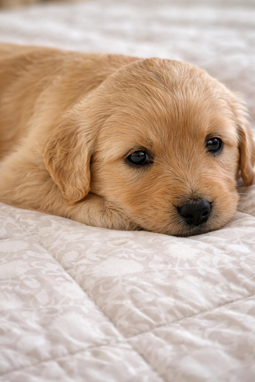 Golden puppy resting on a bed